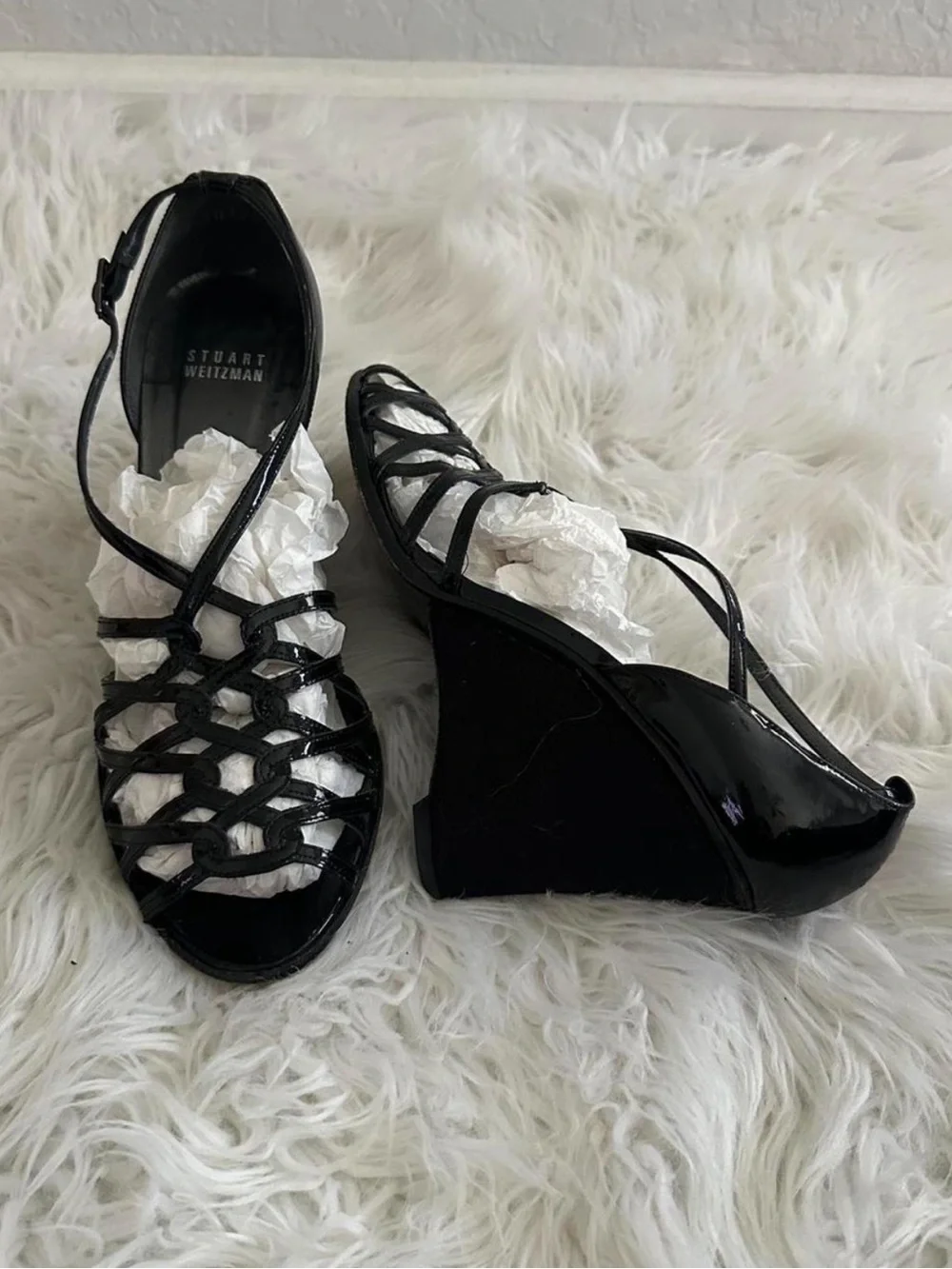 Stuart Weitzman Black Patent Strappy Wedge Sandals - Picture 2 of 7